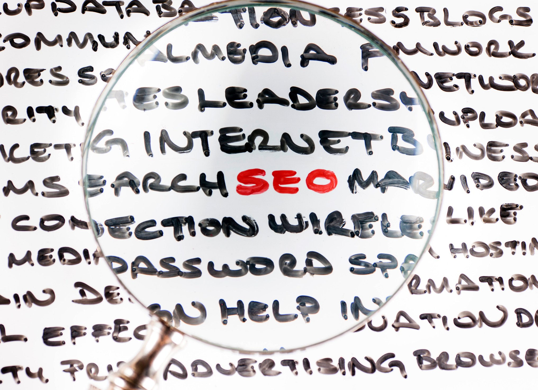 Handwritten collection of terms around SEO and online marketing
